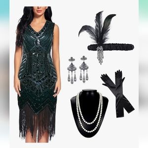 Women's Sequin Flapper Dresses 1920s Costume with Roaring 20s Great Gatsby Set